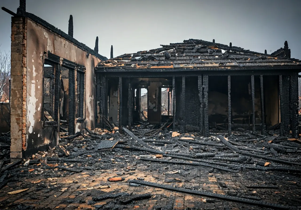 A fire-damaged house with charred walls and debris scattered. 35mm stock photo