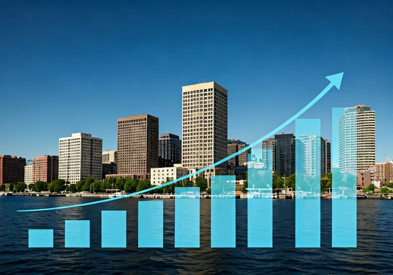 A graph with rising financial metrics and Spokane cityscape background. 35mm stock photo