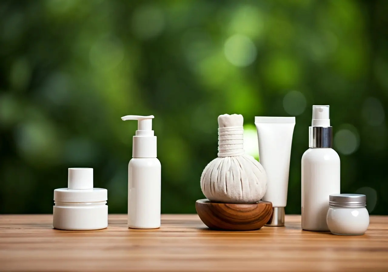 A serene spa setting with various skincare products displayed. 35mm stock photo