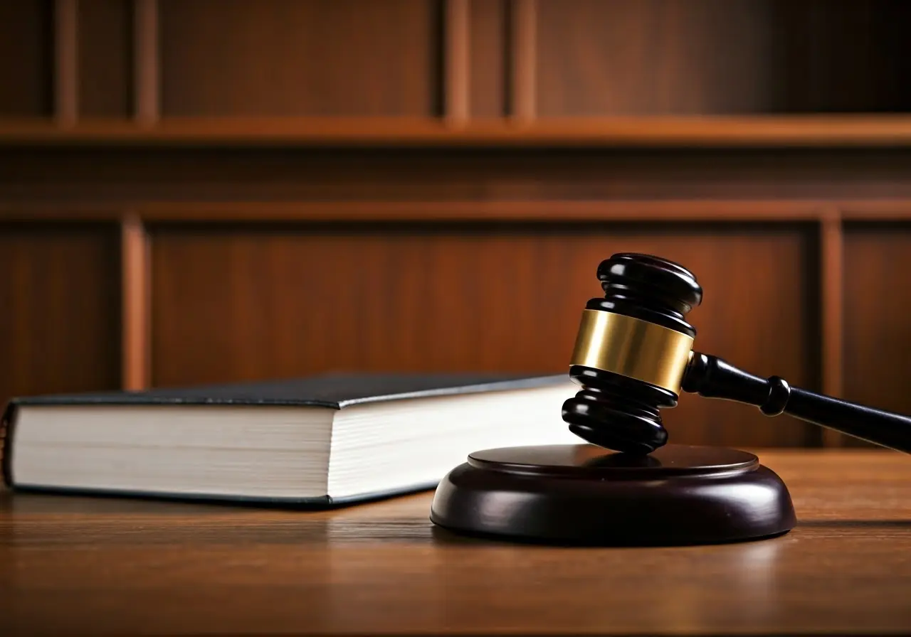 A gavel resting on a law book in a courtroom. 35mm stock photo