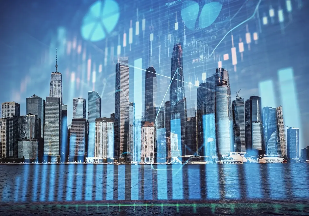 A dynamic city skyline with financial charts overlay. 35mm stock photo