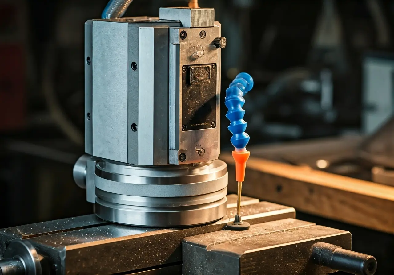 A high-precision cutting tool with vacuum suction on workbench. 35mm stock photo