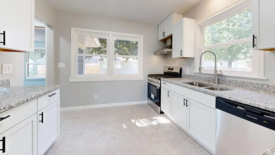 Sunlit modern kitchen featuring granite countertops and sleek white cabinetry.