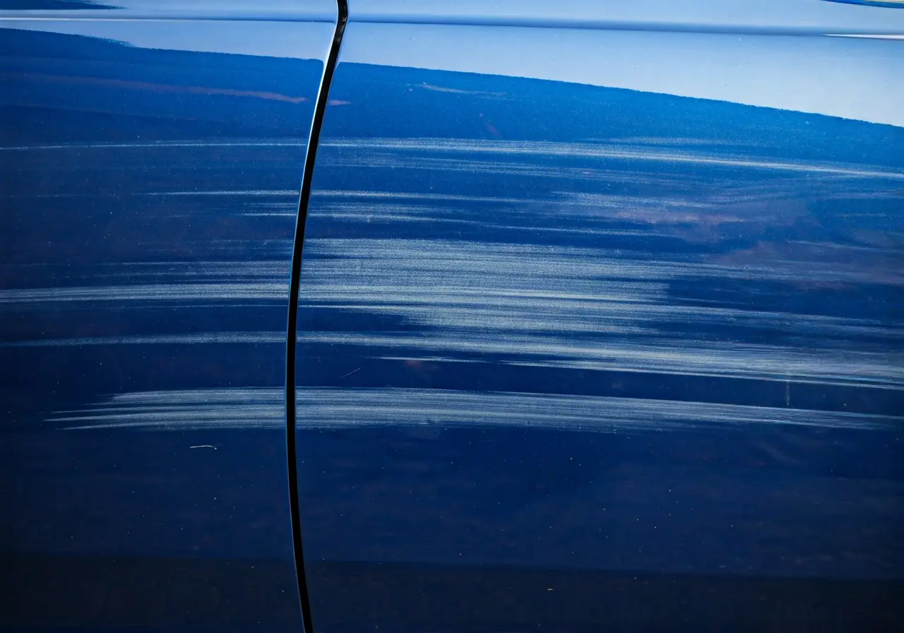 A close-up of car paint scratches on a blue sedan. 35mm stock photo