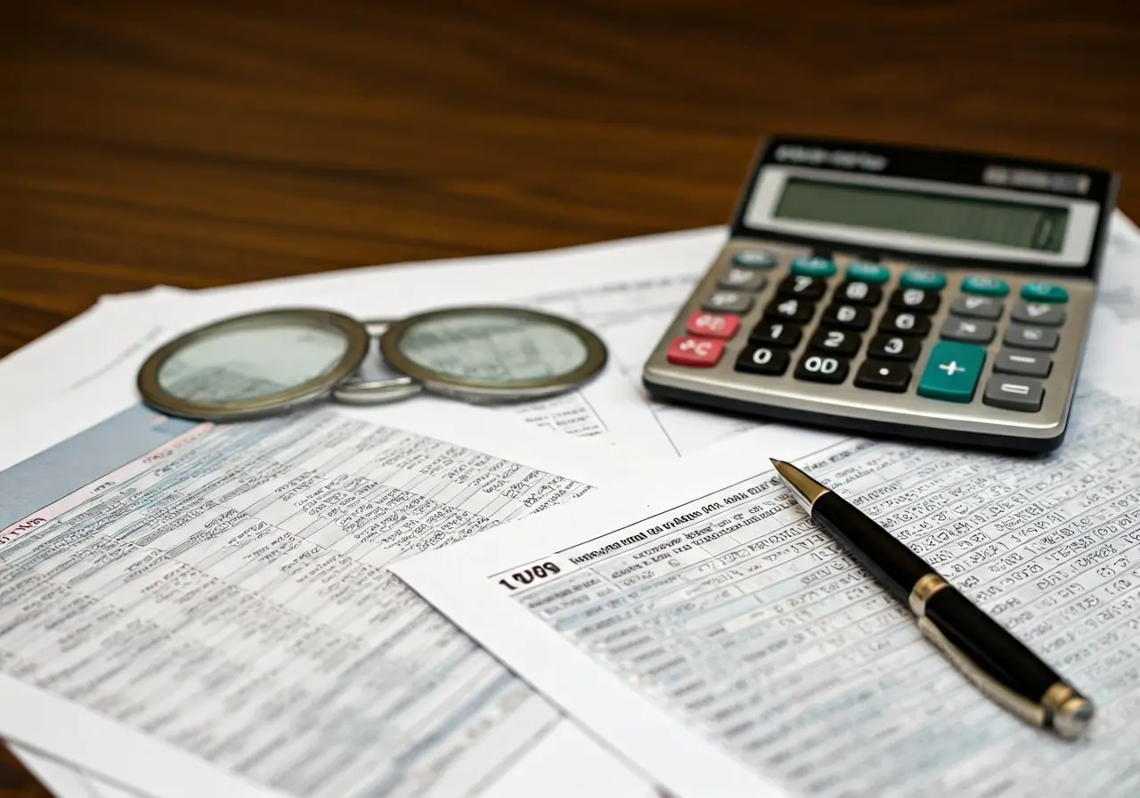 A calculator with financial charts and tax documents on desk. 35mm stock photo