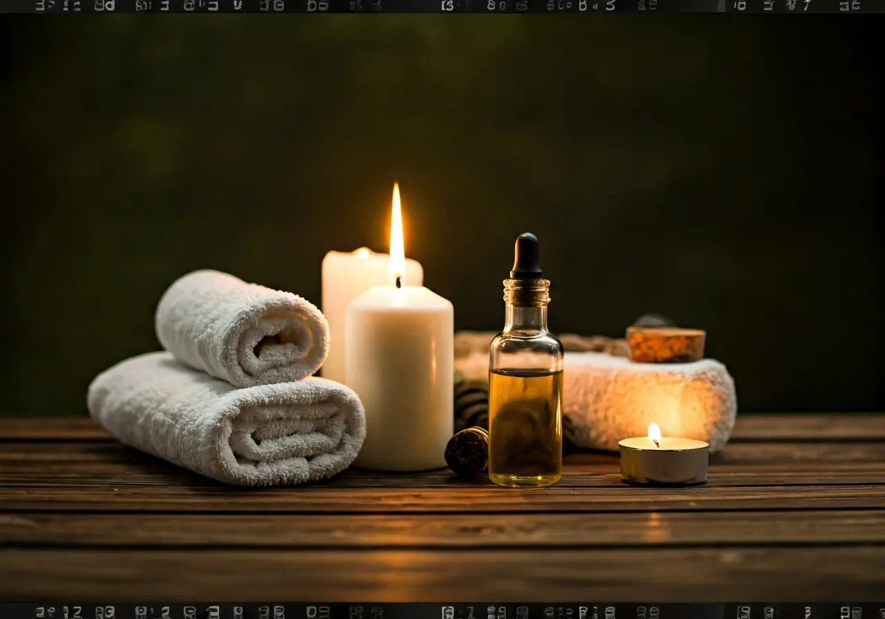 A serene spa setting with candles and essential oils. 35mm stock photo