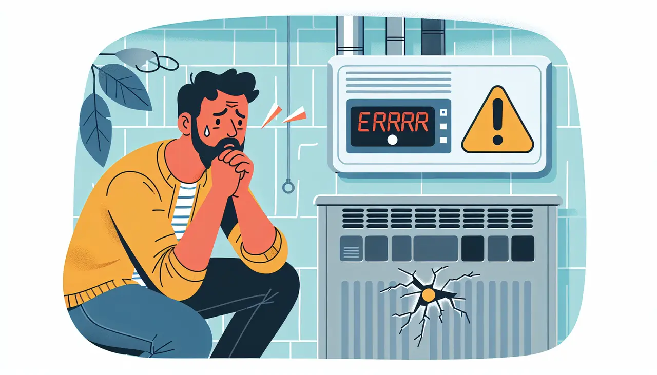 Draw a graphic in flat design style. An illustration of a worried homeowner looking at a furnace with visible cracks and a digital thermostat displaying an error symbol.
