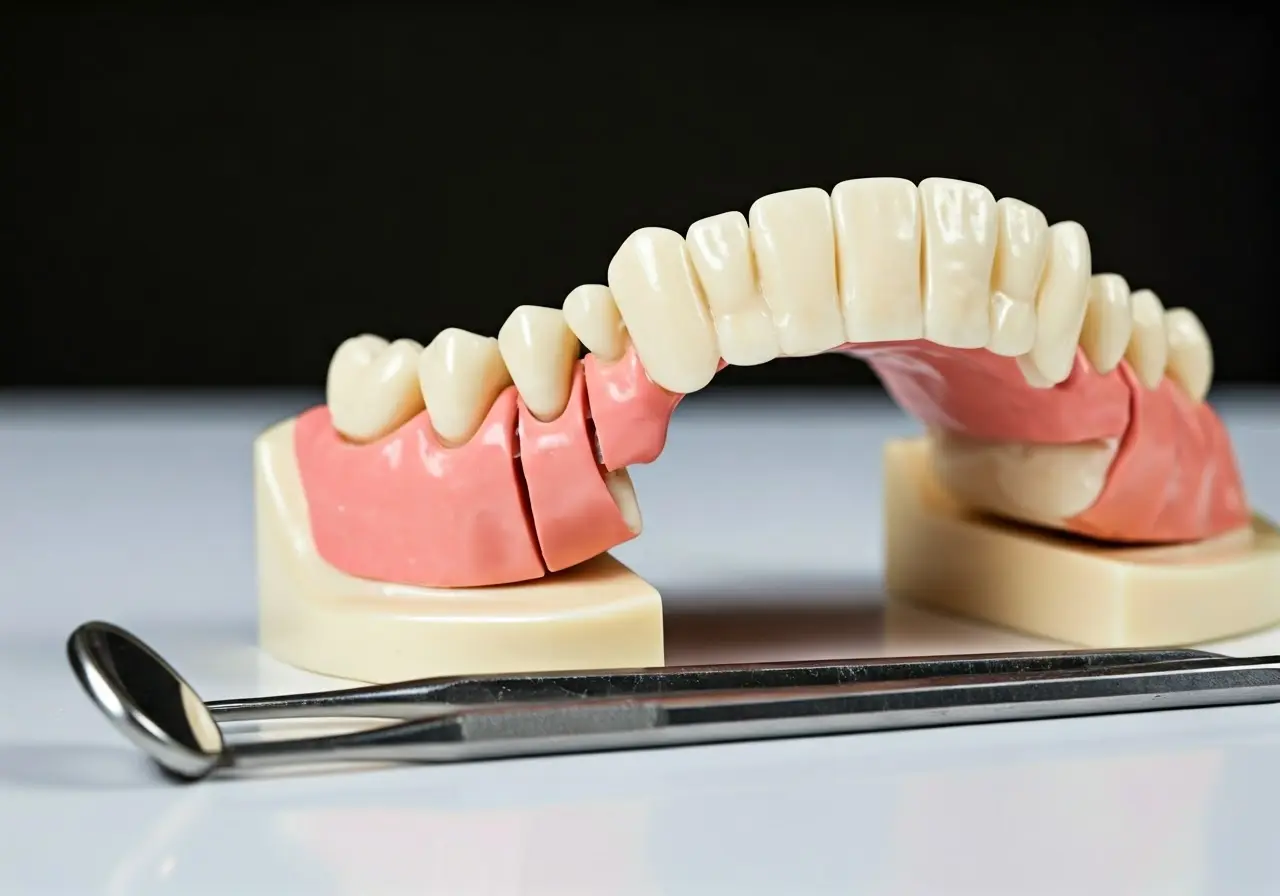 Dental bridge model on a white background with dental tools. 35mm stock photo