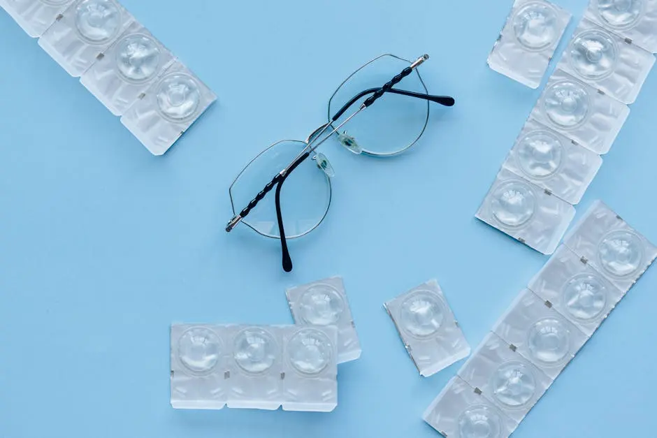 Eyeglasses and contact lenses on a blue background. Concept of eye care and vision correction.