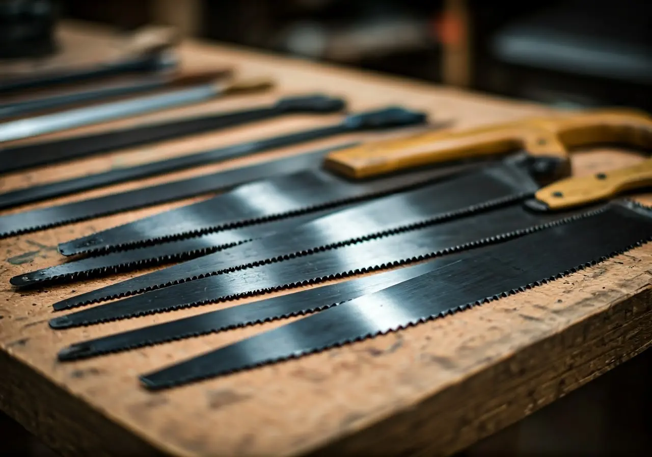 Close-up of a variety of saw blades on a workbench. 35mm stock photo