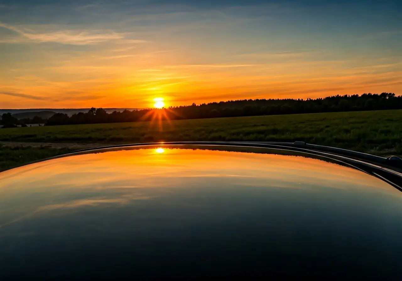 Sunset view reflecting on a shiny car windshield. 35mm stock photo