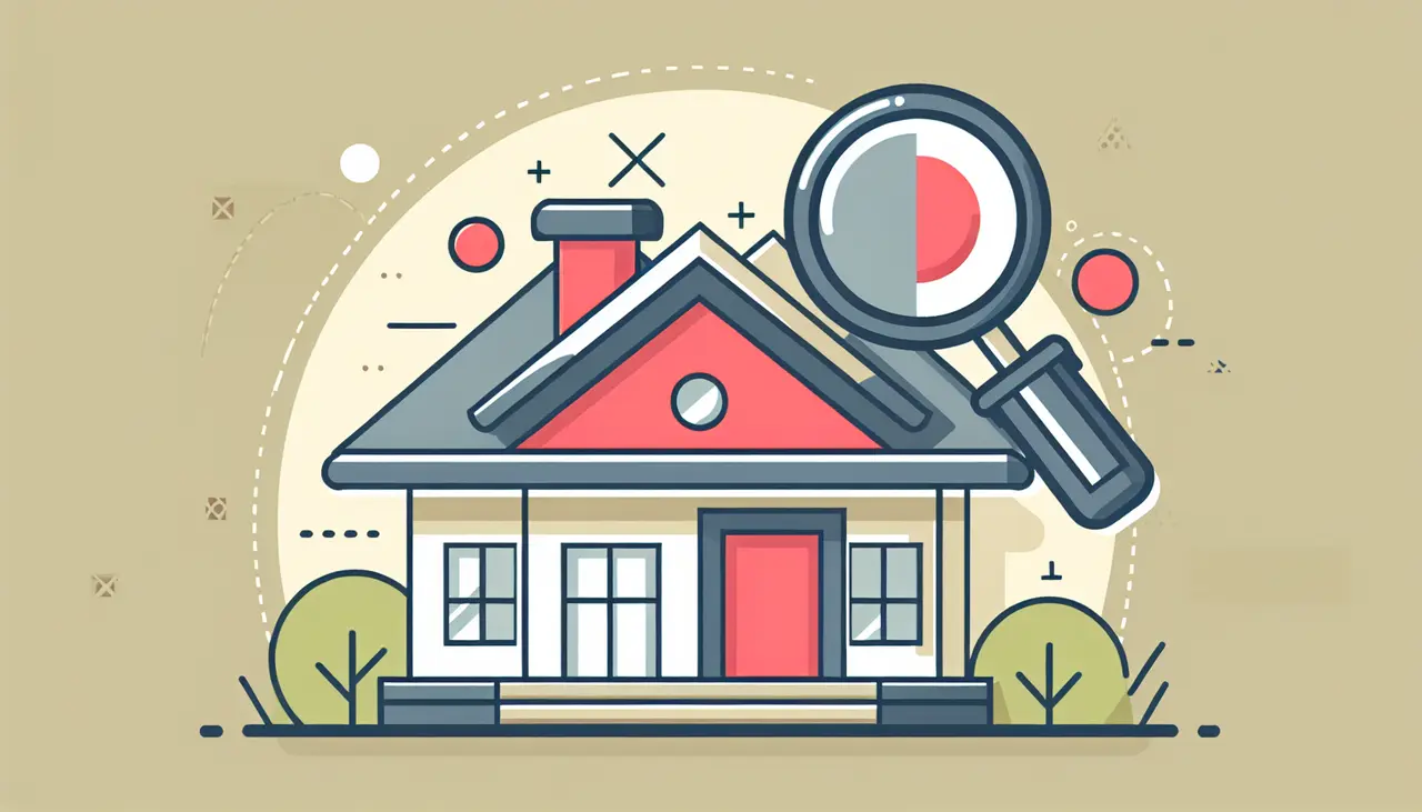 Draw a graphic in flat design style. A flat design style image of a home with a magnifying glass hovering over it, highlighting different sections like the roof, walls, and foundation.
