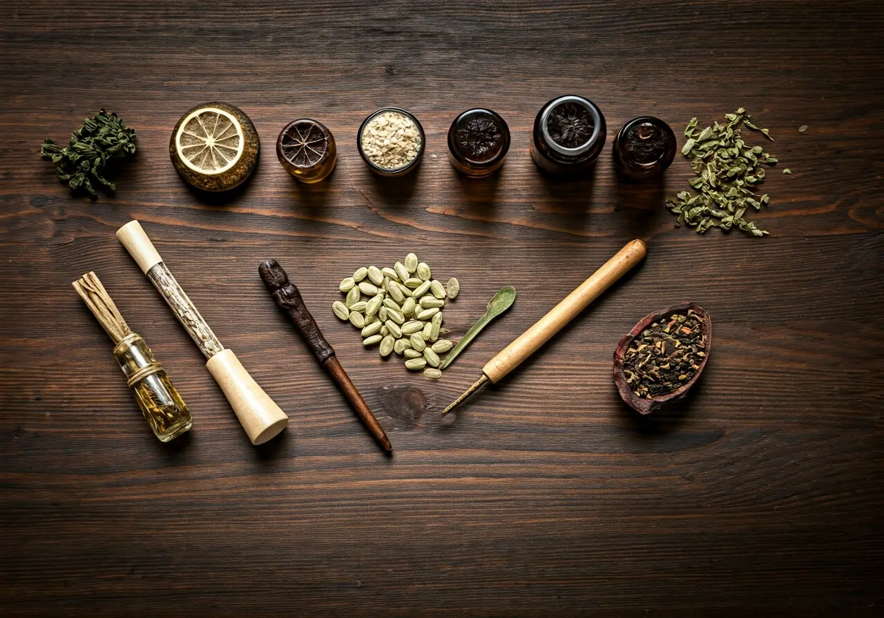 A collection of herbal and alternative medicine tools displayed. 35mm stock photo