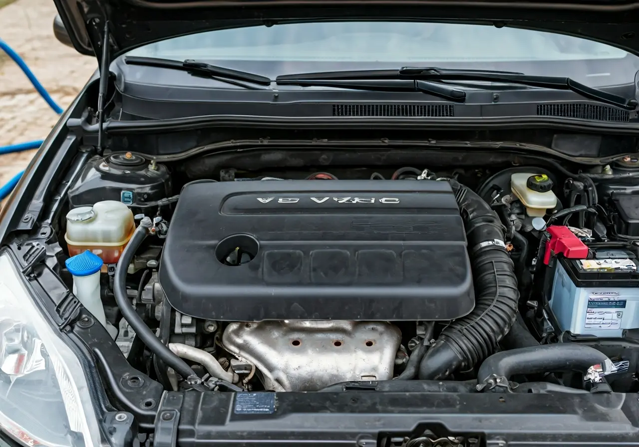A clean car engine bay with a water hose nearby. 35mm stock photo