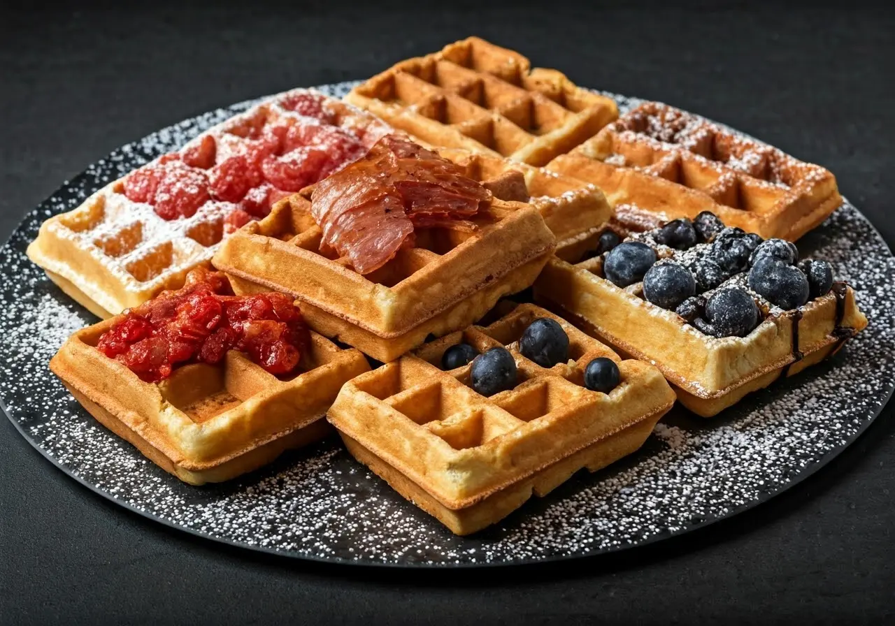 A variety of waffles with sweet and savory toppings. 35mm stock photo