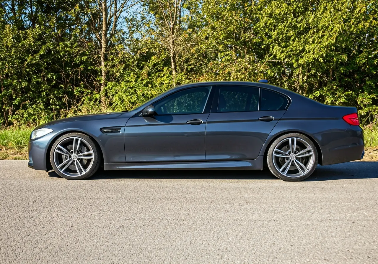 A sleek car with dark tinted windows on a sunny road. 35mm stock photo