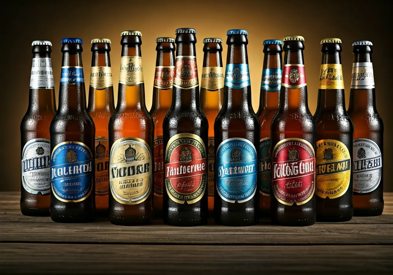 A variety of colorful non-alcoholic beer bottles displayed together. 35mm stock photo
