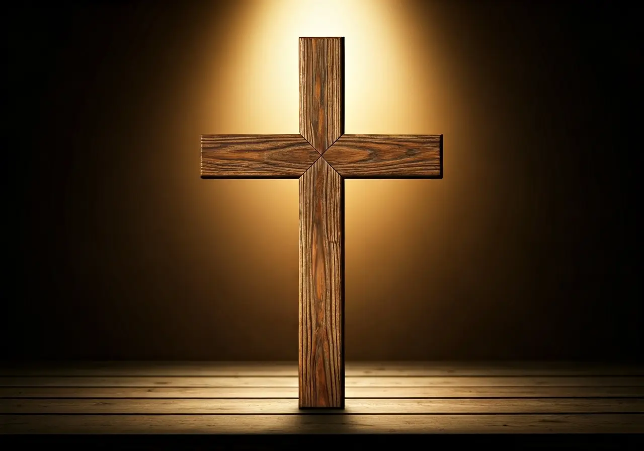 A wooden cross with soft light shining behind it. 35mm stock photo