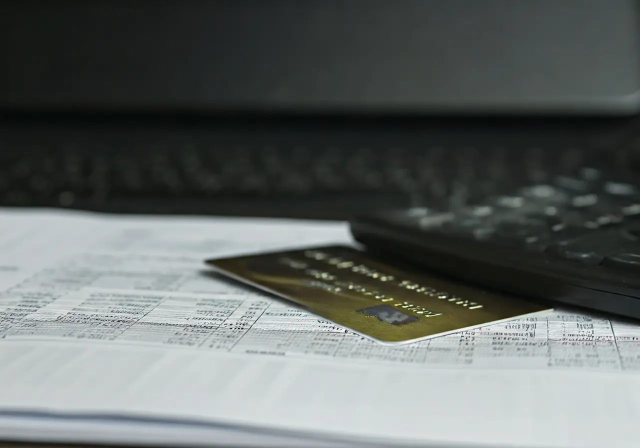 A credit card and calculator on a financial document. 35mm stock photo