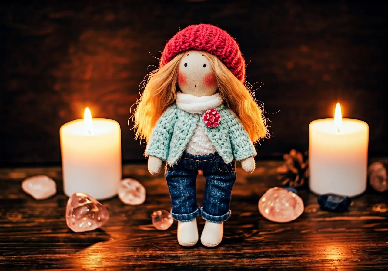 A handmade cloth doll surrounded by candles and crystals. 35mm stock photo