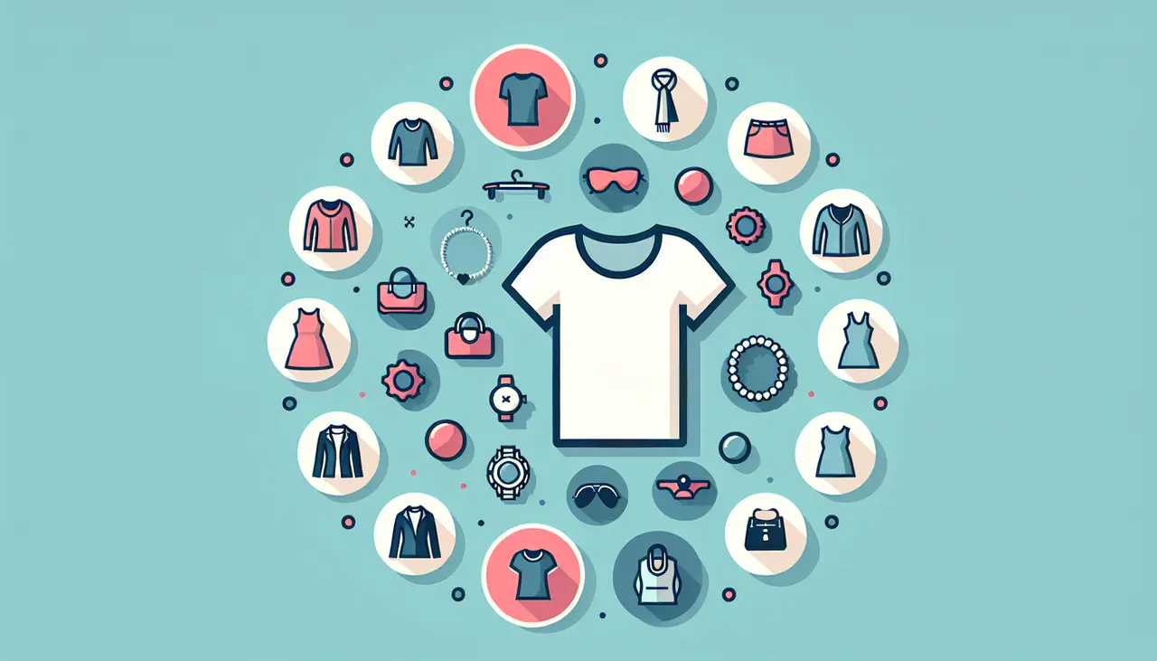 Draw a graphic in flat design style. A flat design image of a t-shirt with ten different simple icons around it representing various styling ideas, like a scarf, jacket, and necklace, on a pastel background.