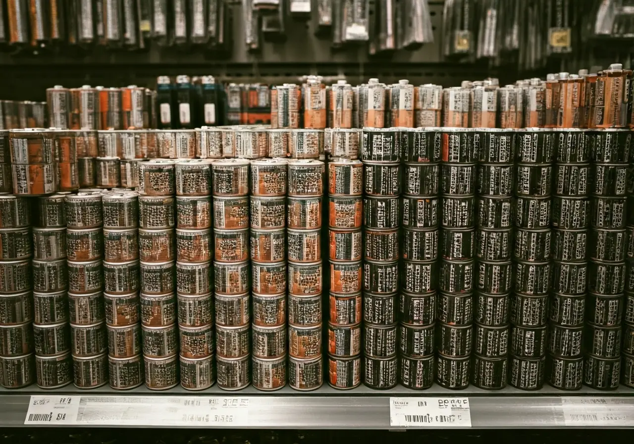 Stacks of AA batteries in a hardware store aisle. 35mm stock photo