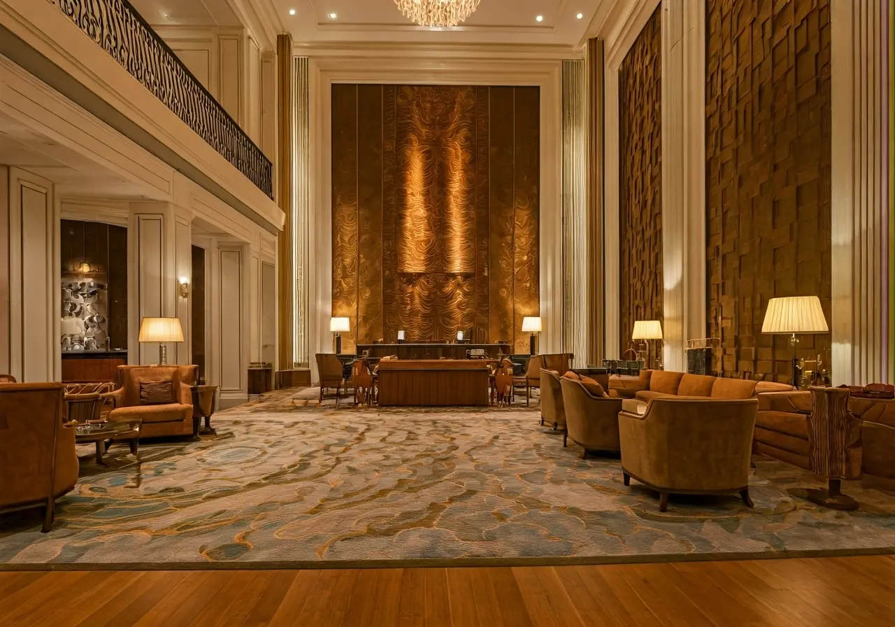 Elegant hotel lobby with lavish decor and ambient lighting. 35mm stock photo
