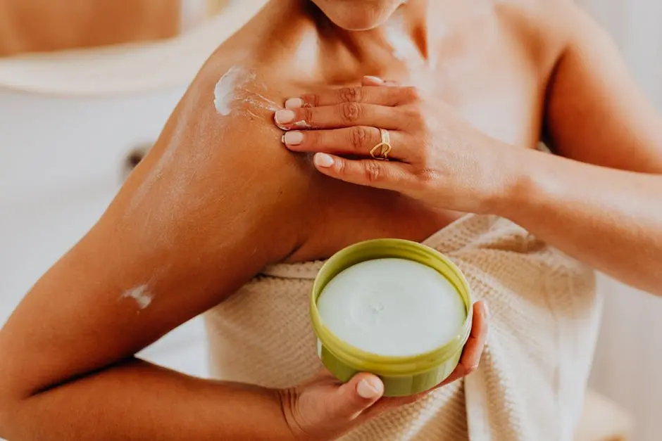 Close-up of a woman applying cream to her shoulder, focusing on skincare and self-care routines.