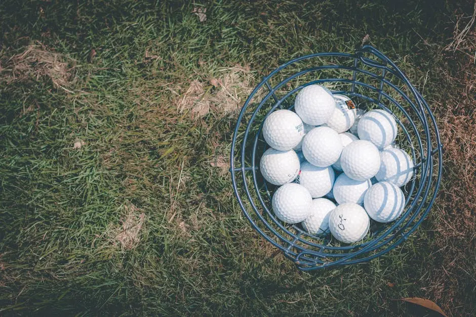 A basket full of golf balls resting on a sunlit lawn, perfect for sports and leisure themes.