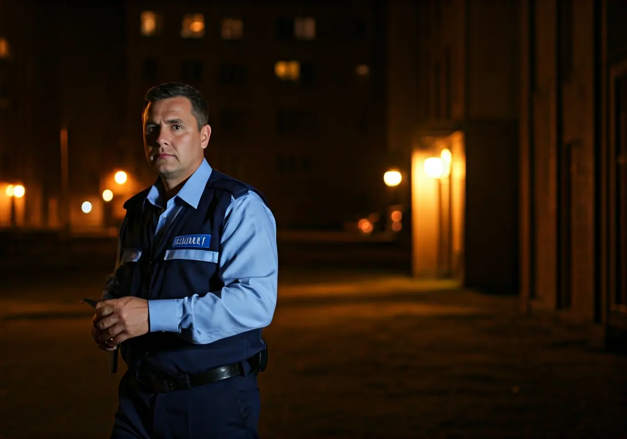 A security guard patrolling outside a residential building at night. 35mm stock photo