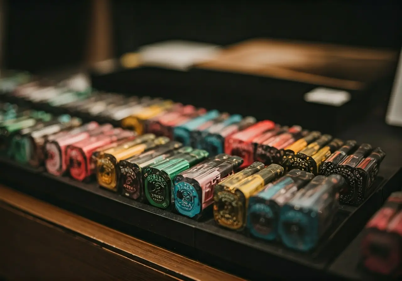An array of colorful THC cartridges displayed on a counter. 35mm stock photo