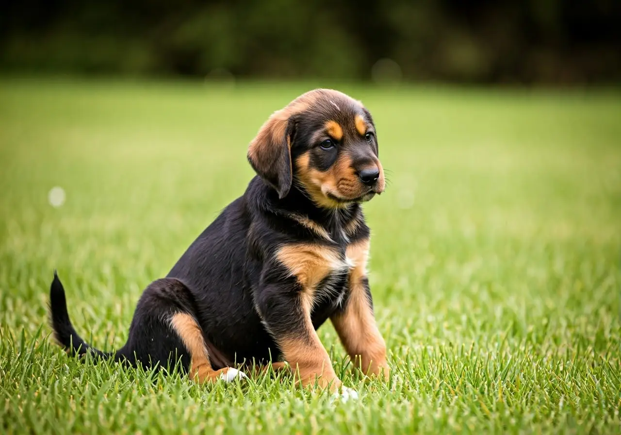 A puppy sits attentively on a grassy field during training. 35mm stock photo