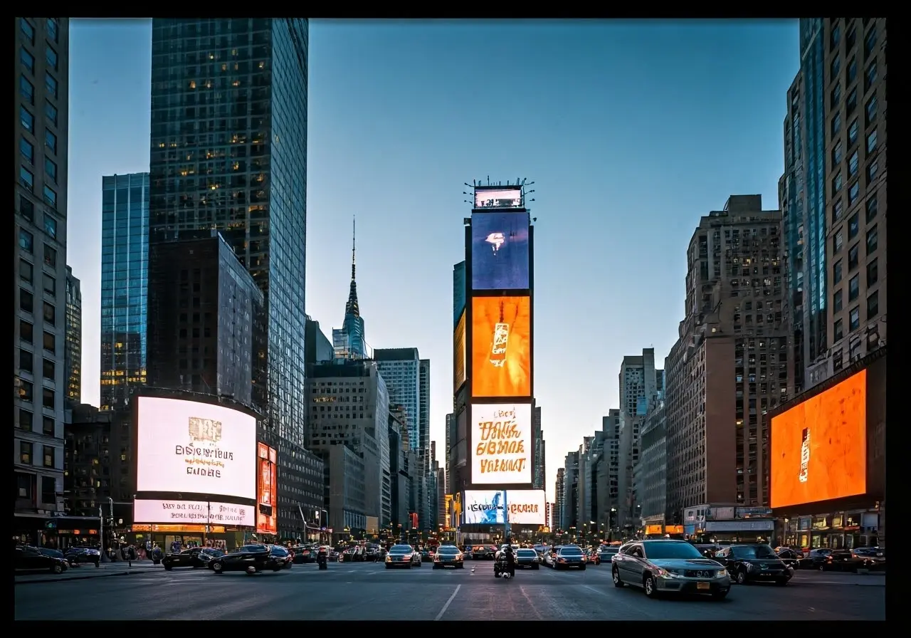 City skyline with digital advertisements on buildings in NYC. 35mm stock photo