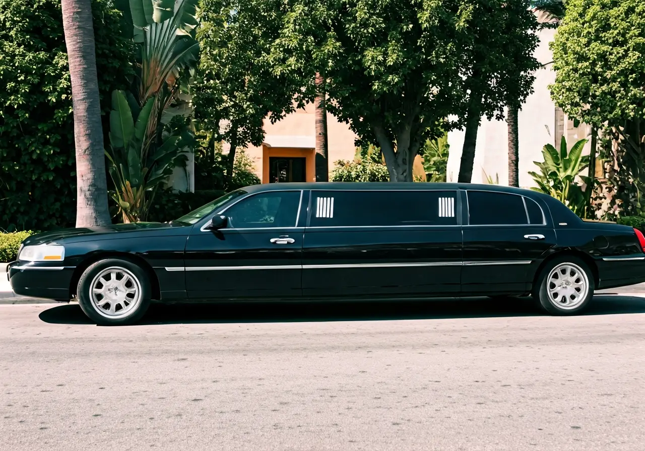 A sleek black limousine parked on a Beverly Hills street. 35mm stock photo