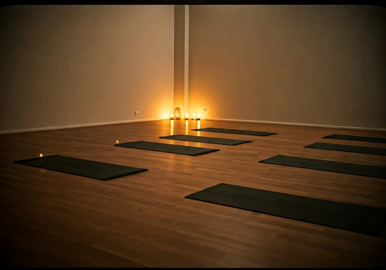 A peaceful yoga studio with mats and soft lighting. 35mm stock photo
