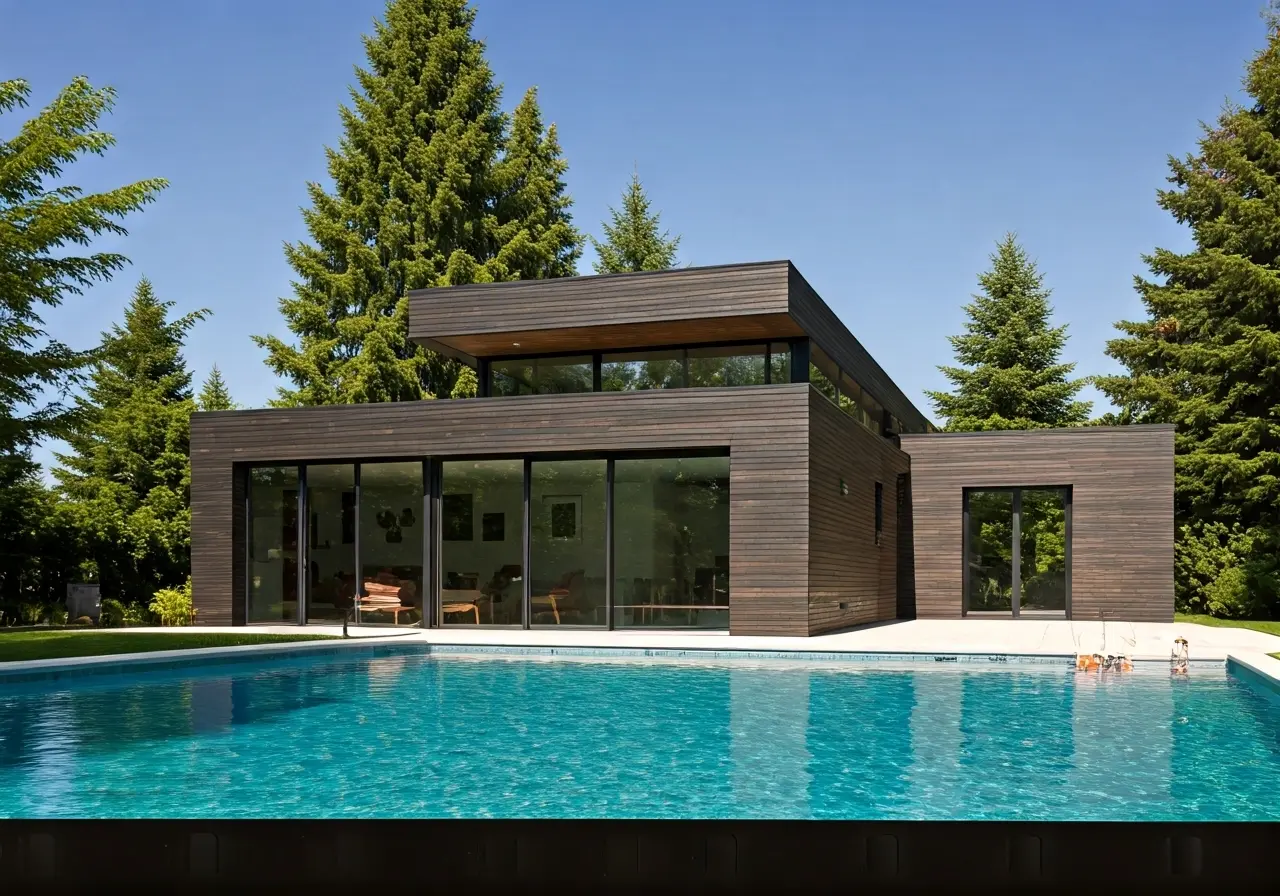 A modern pool house with a sleek, minimalist design. 35mm stock photo