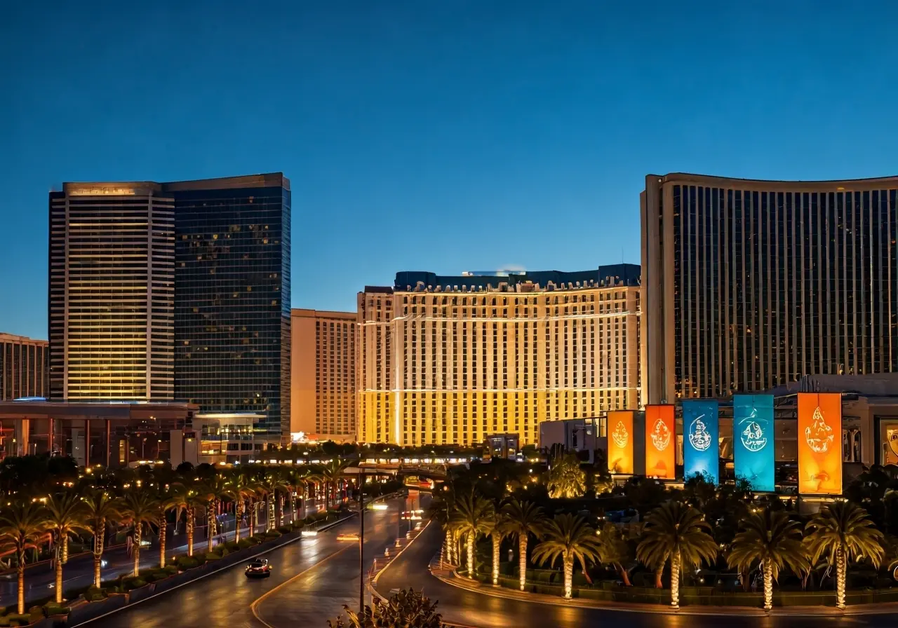 A bustling Las Vegas skyline with colorful event banners. 35mm stock photo