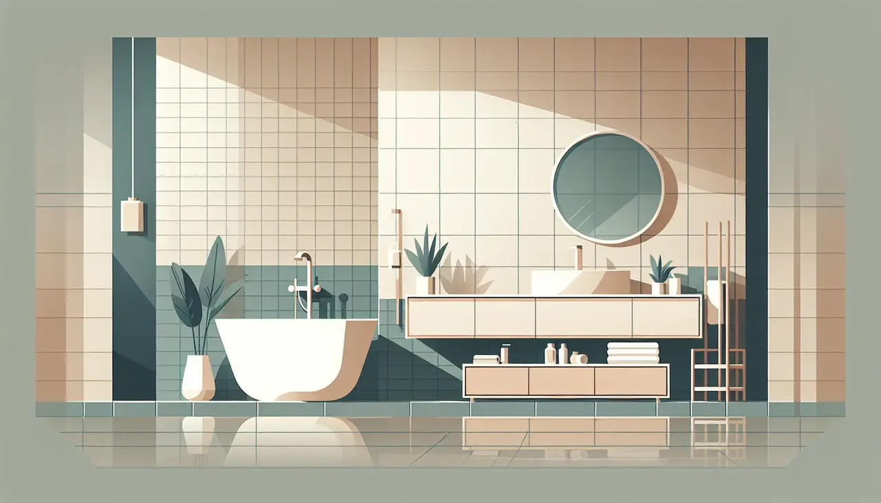 Draw a graphic in flat design style. A minimalist bathroom flat design featuring modern fixtures, a sleek vanity, and neutral color tiles, all with a touch of greenery for a fresh look.