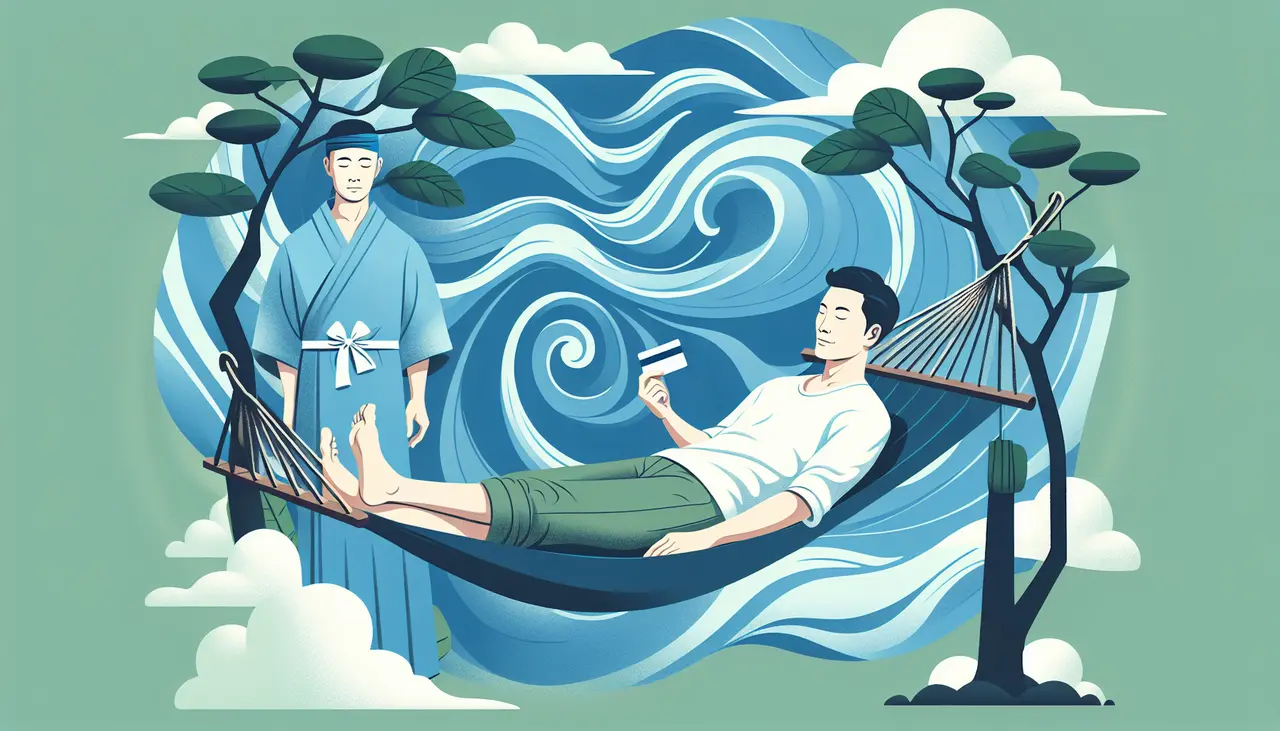 Draw a graphic in flat design style. A calm and minimalist image of a man relaxing on a hammock with a gift card in hand, surrounded by gentle shades of blue and green to symbolize stress relief.