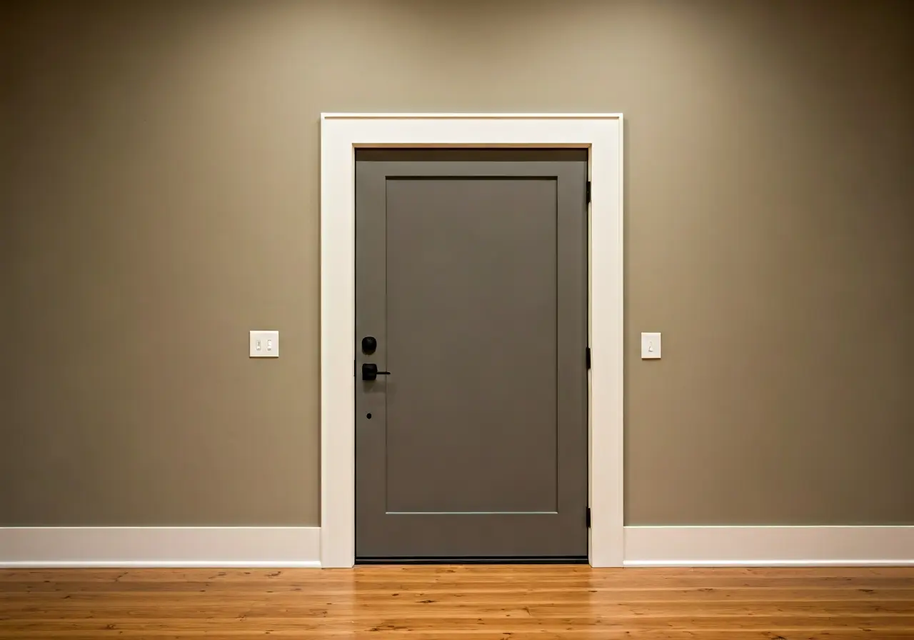 A stylish egress door in a modern Hudson Valley home. 35mm stock photo