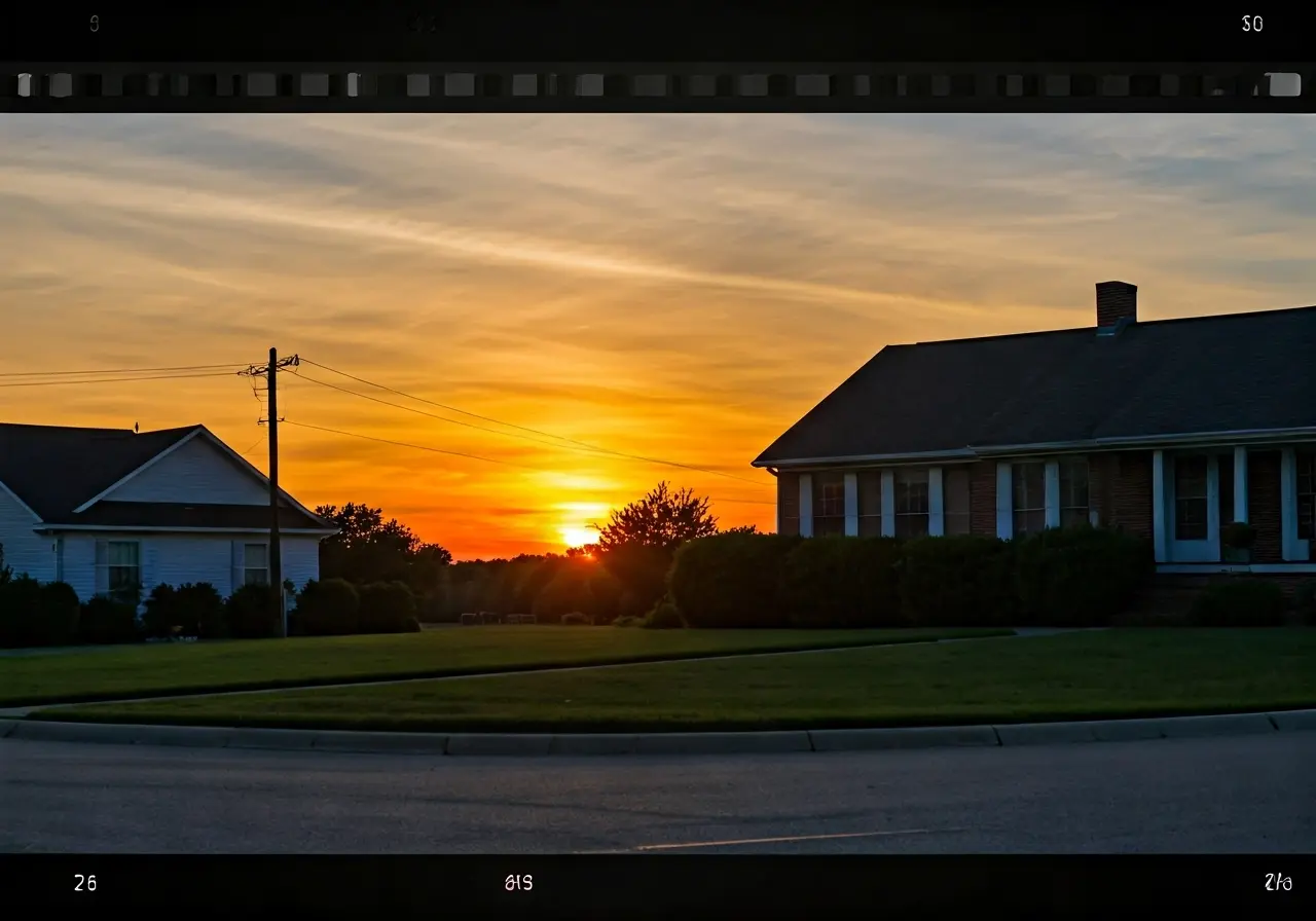 A peaceful sunset casting warm light over a quiet home. 35mm stock photo