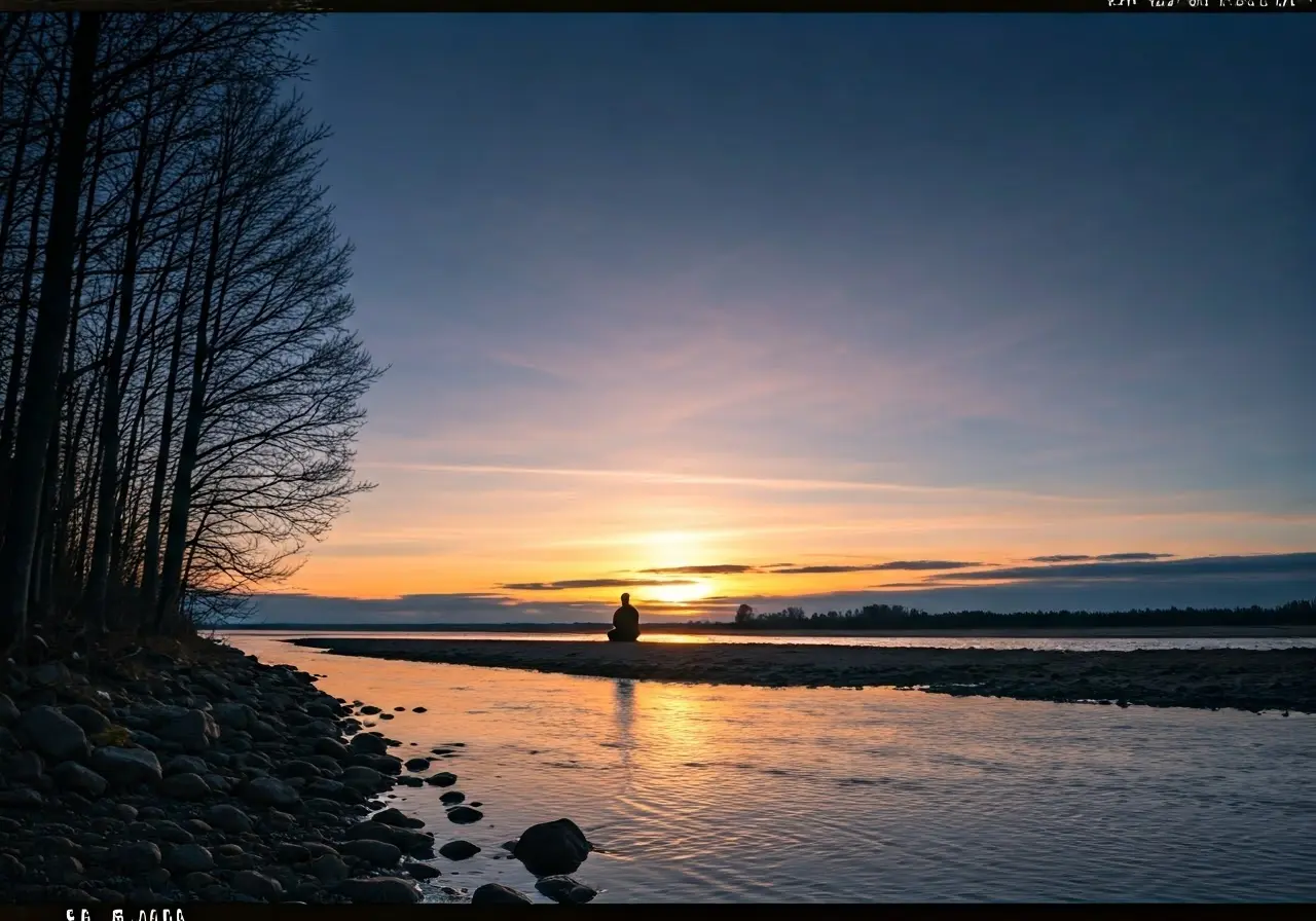 A serene landscape with a lone figure meditating at sunrise. 35mm stock photo