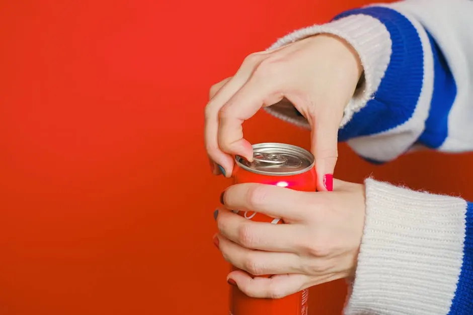 Close-up of hands opening a soda can on a vivid red background, emphasizing the refreshing beverage experience.
