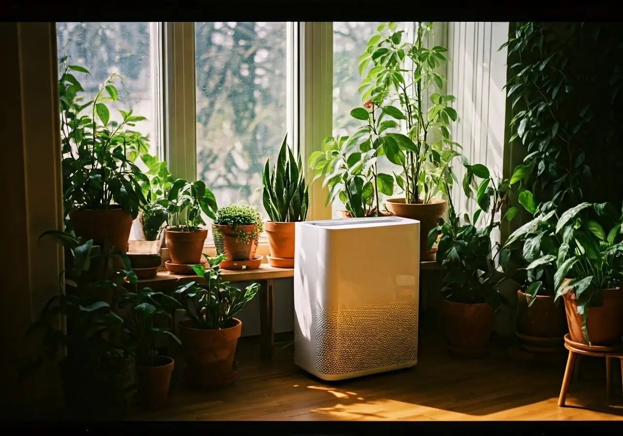 A sunlit room with lush indoor plants and an air purifier. 35mm stock photo
