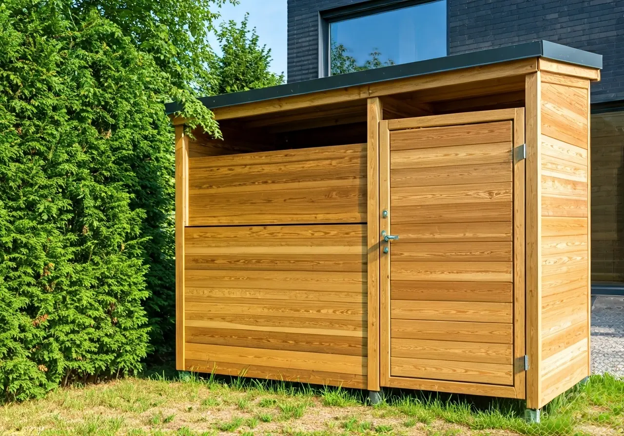 A stylish wooden trash bin enclosure beside a modern home. 35mm stock photo