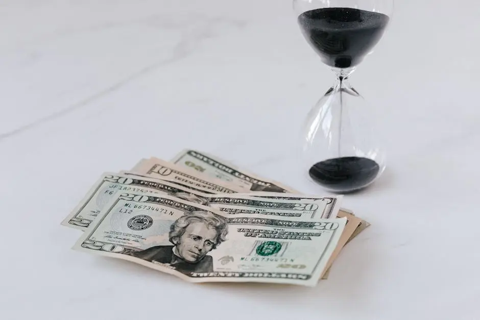 Close-up of US dollar bills with an hourglass, symbolizing time and money.