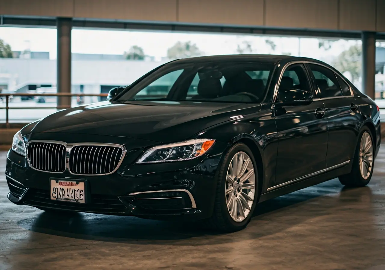 A luxurious black sedan parked at Los Angeles airport terminal. 35mm stock photo