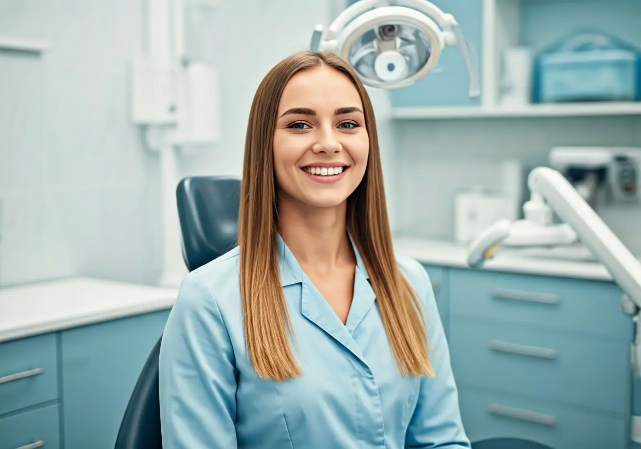 A smiling patient in a modern orthodontic office. 35mm stock photo