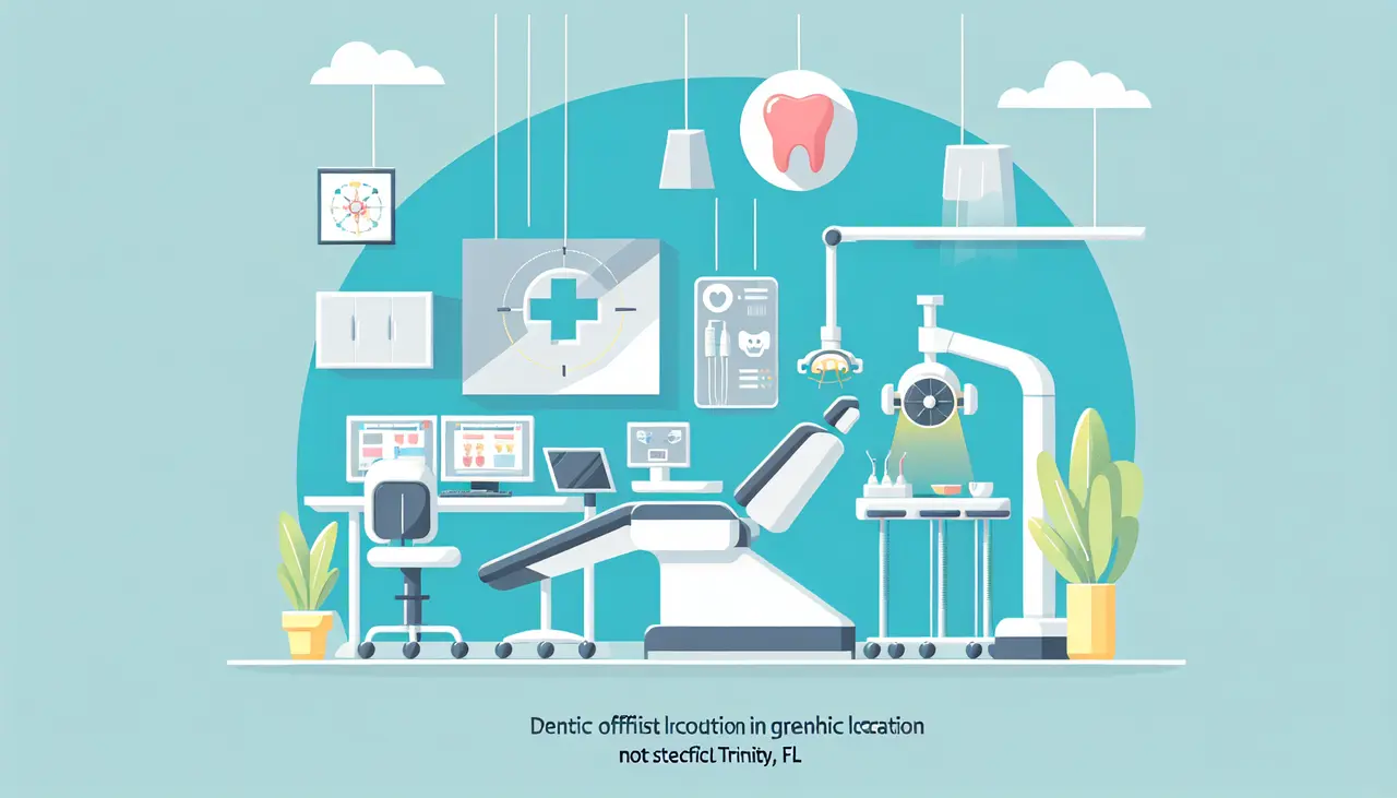 Draw a graphic in flat design style. A flat design image of a modern dentist’s office in Trinity, FL featuring advanced dental equipment like a 3D printer, digital X-ray machine, and laser tools, with a calm and tidy atmosphere.