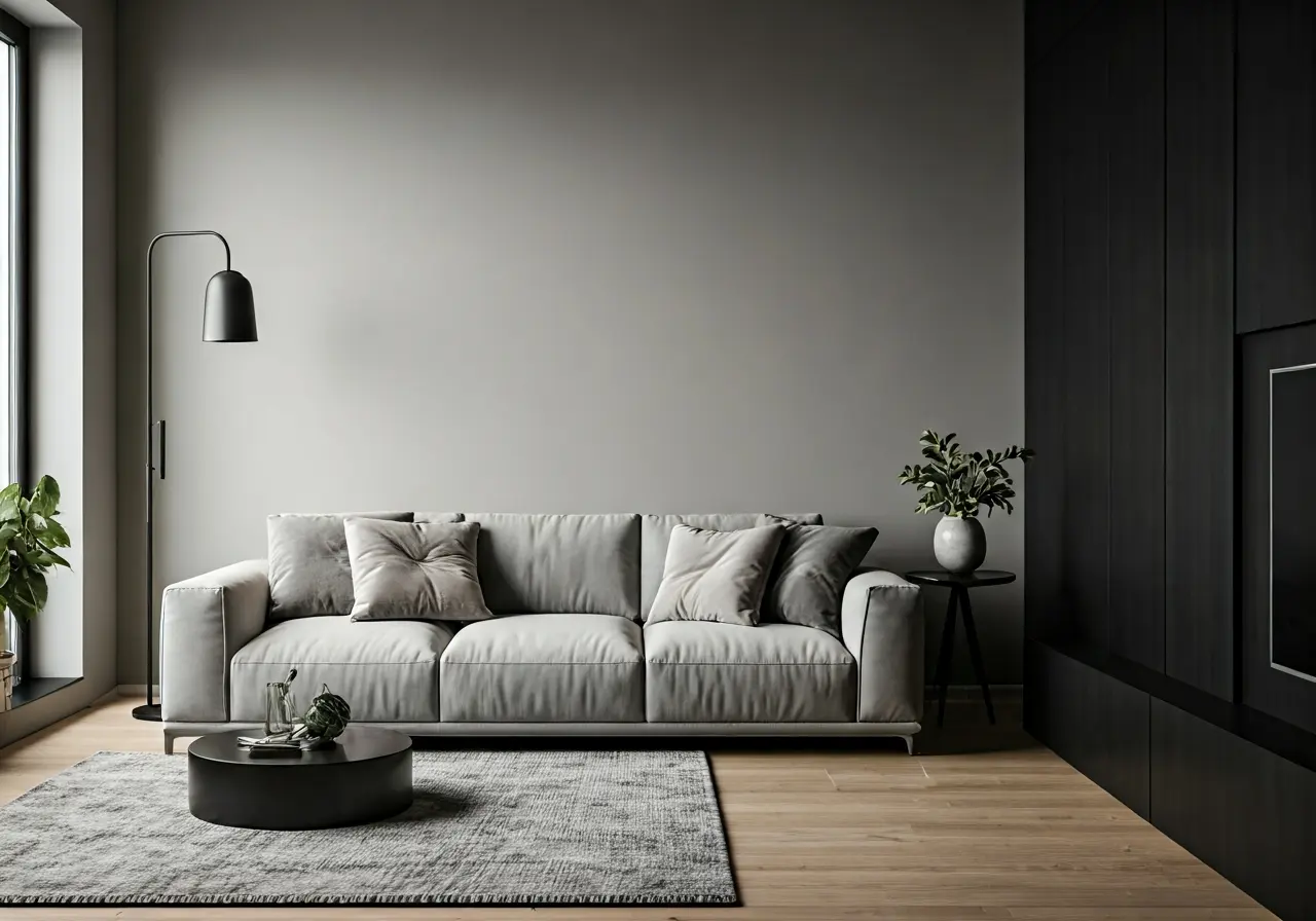 A modern living room with automated smart lighting fixtures. 35mm stock photo